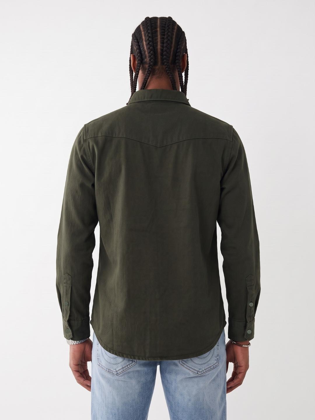 True Religion Men Olive Solid Regular Fit Cotton Shirt