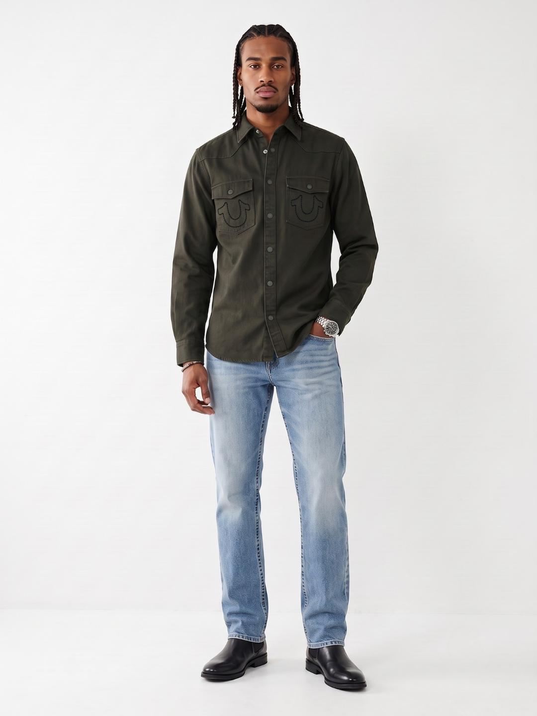 True Religion Men Olive Solid Regular Fit Cotton Shirt