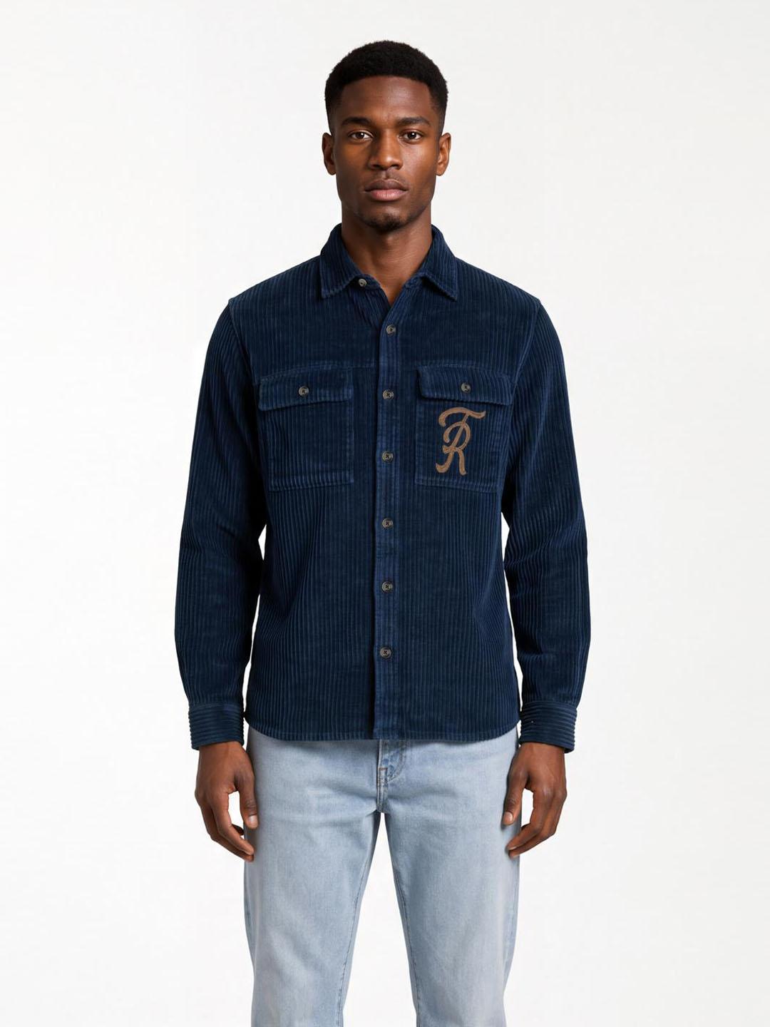 True Religion Men Navy Blue Solid Regular Fit Cotton Shirt