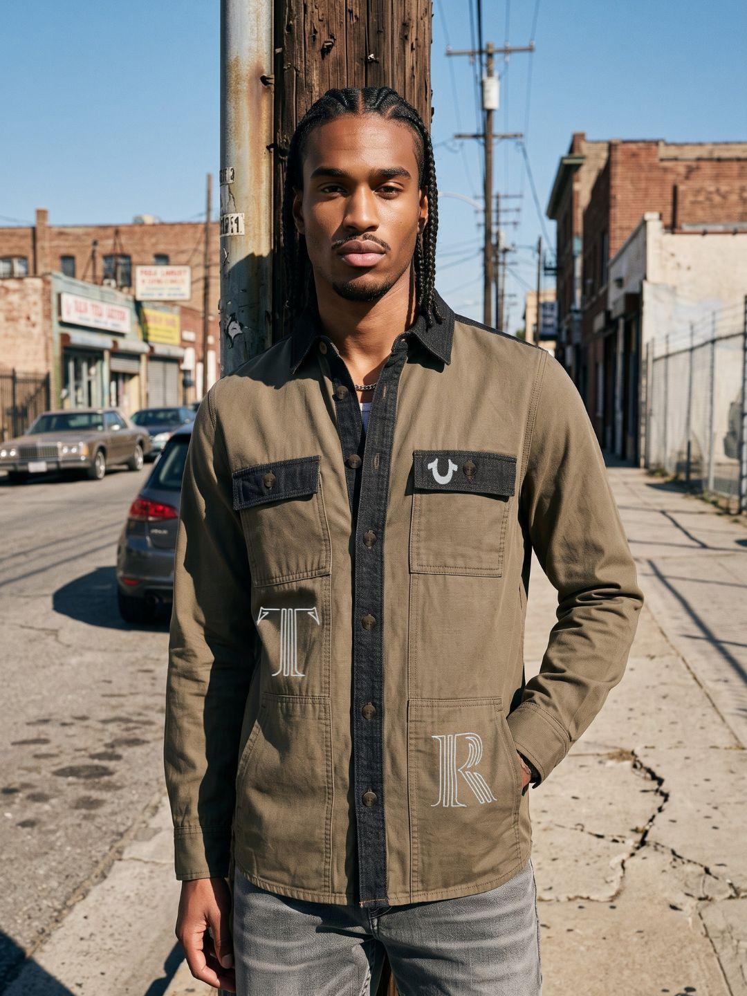 True Religion Men Khaki Regular Fit Graphic Cotton Shirt