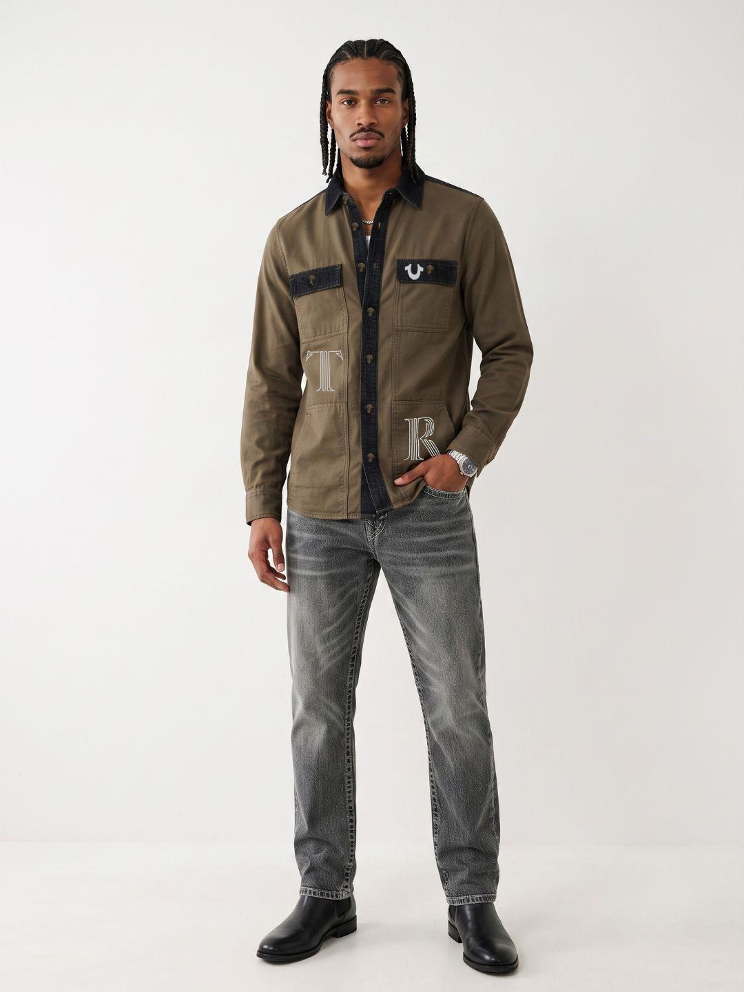 True Religion Men Khaki Regular Fit Graphic Cotton Shirt