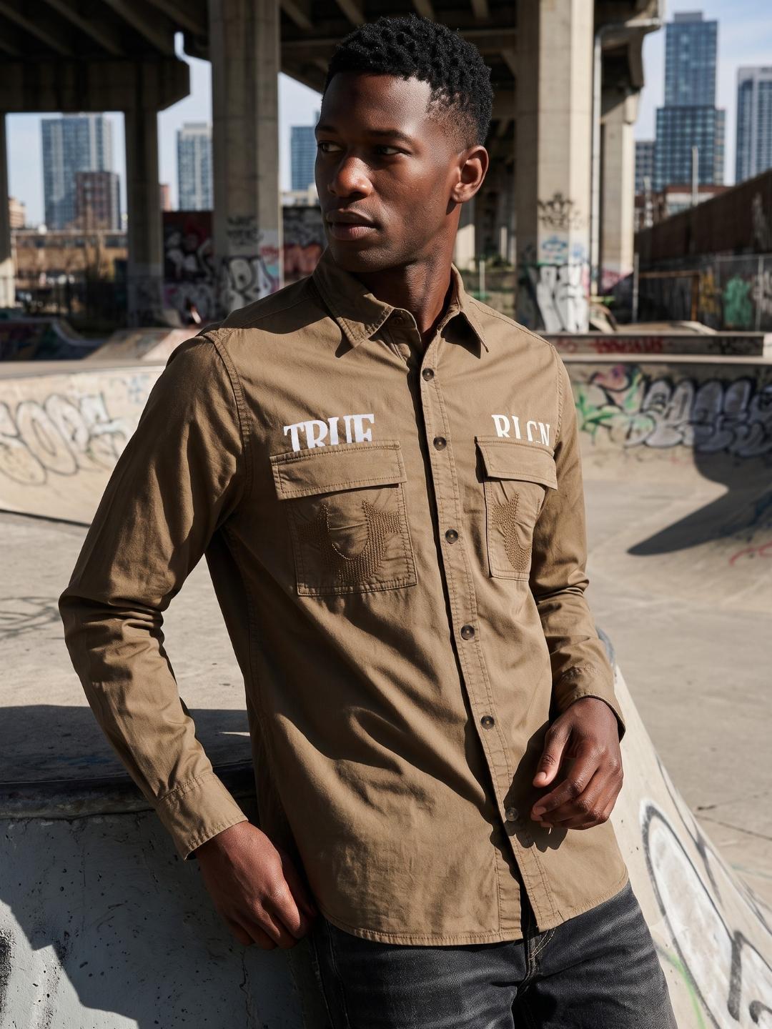 True Religion Men Khaki Graphic Regular Fit Shirt