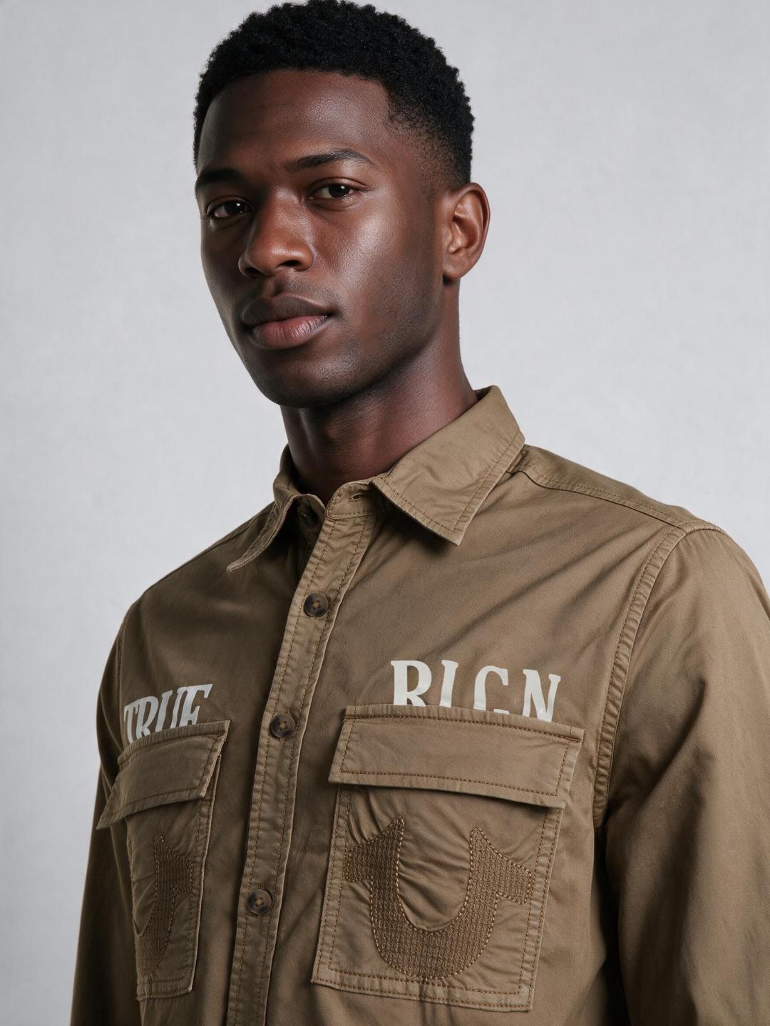 True Religion Men Khaki Graphic Regular Fit Shirt