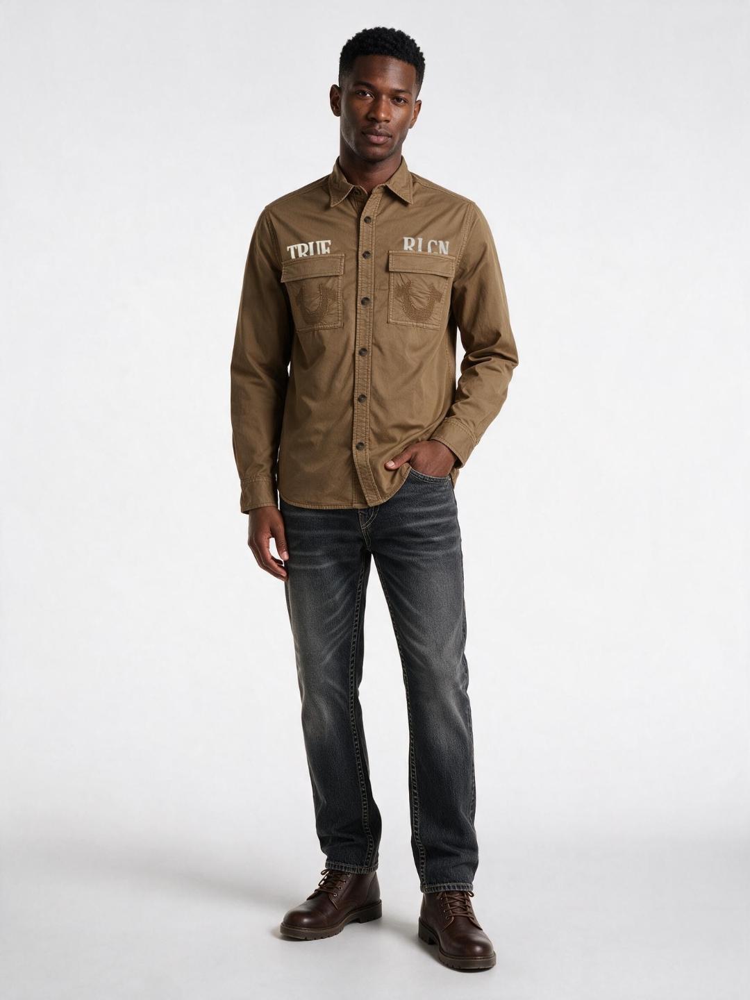 True Religion Men Khaki Graphic Regular Fit Shirt
