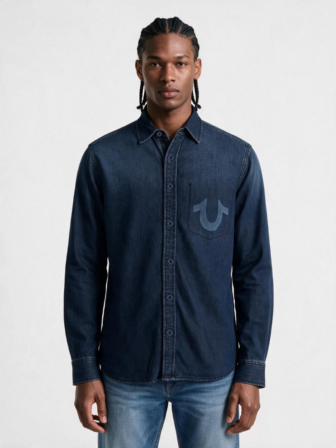 True Religion Men Navy Blue Solid Cotton Denim Wash Shirt
