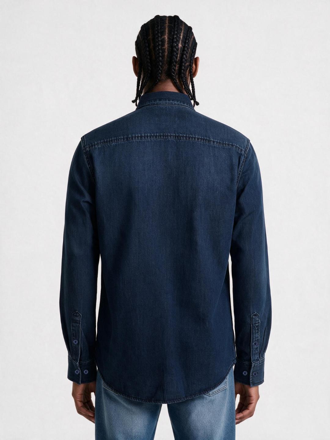 True Religion Men Navy Blue Solid Cotton Denim Wash Shirt