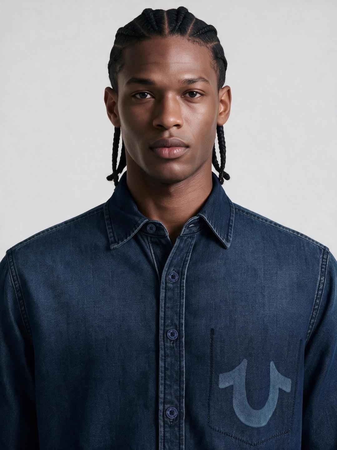 True Religion Men Navy Blue Solid Cotton Denim Wash Shirt