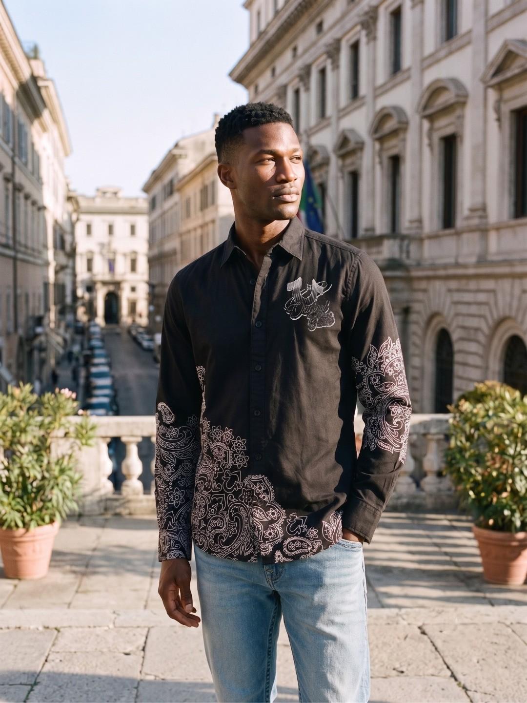 True Religion Men Black Regular Fit Printed Shirt