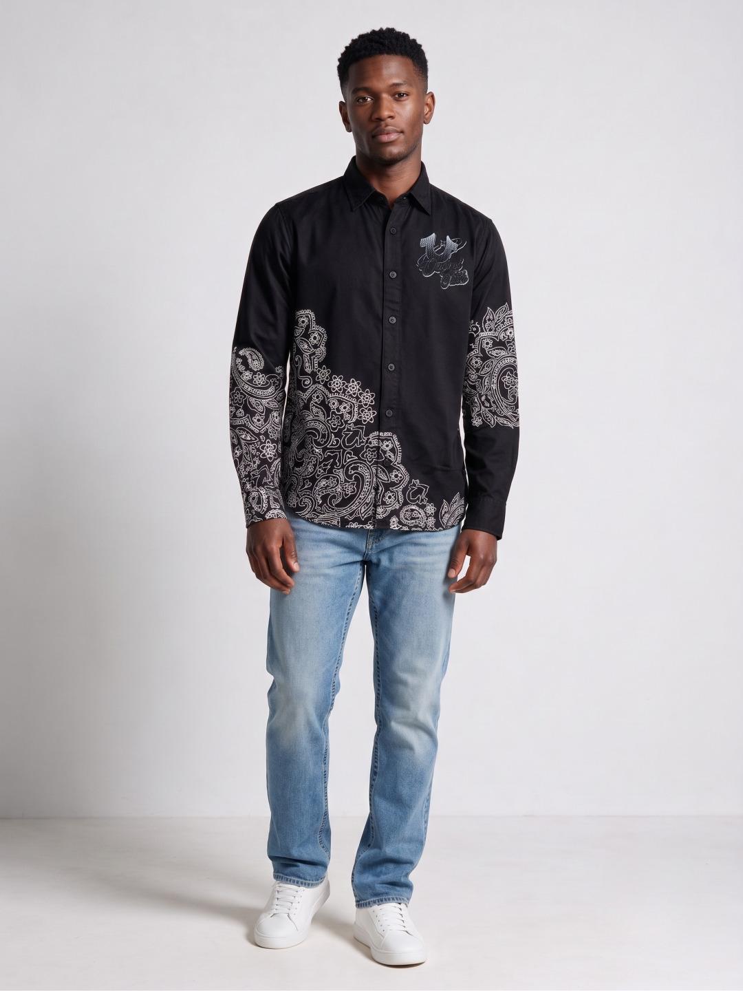 True Religion Men Black Regular Fit Printed Shirt