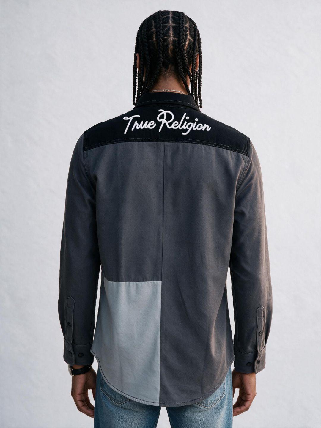 True Religion Men Grey & Black Colorblock Cotton Shirt