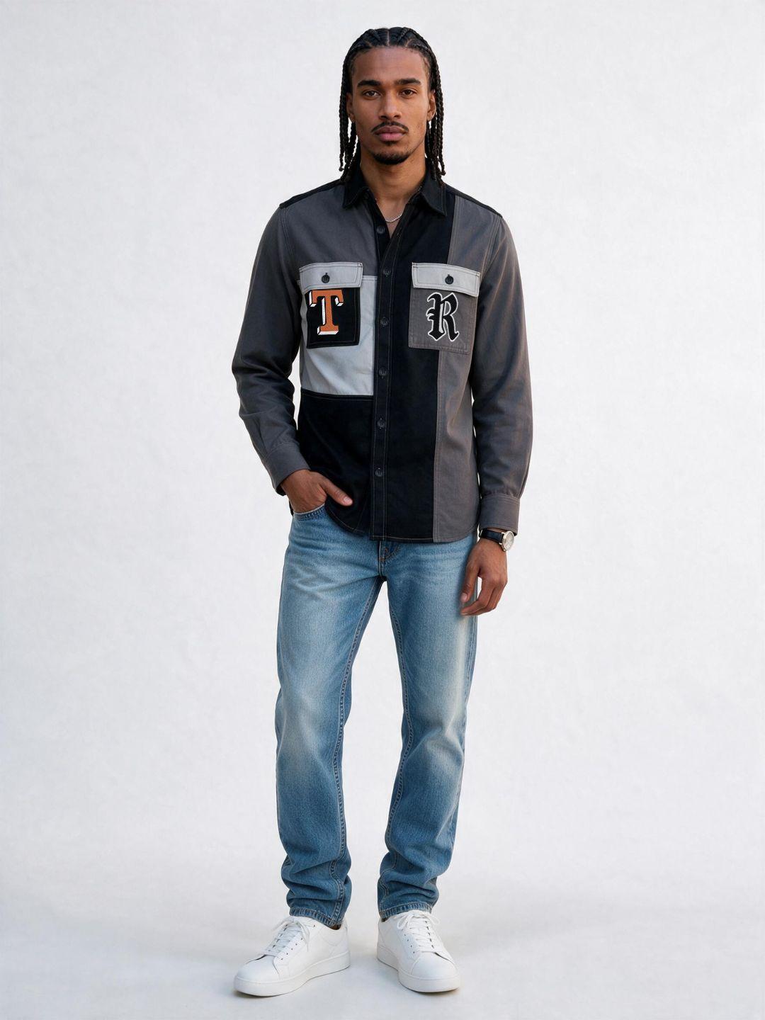 True Religion Men Grey & Black Colorblock Cotton Shirt