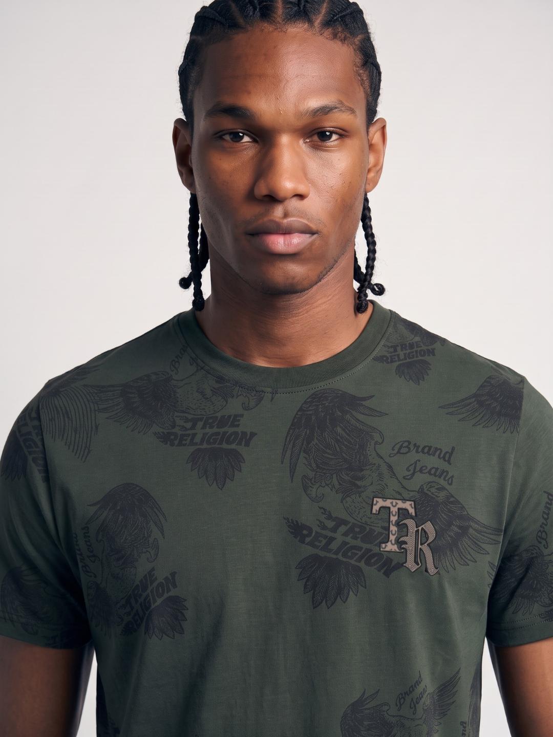 True Religion Men Olive Regular Fit Printed Cotton Blend Tshirt