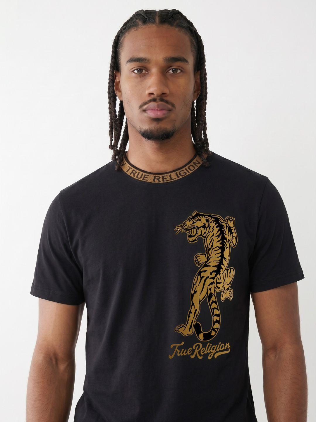 True Religion Men Black Regular Fit Graphic Pure Cotton Tshirt