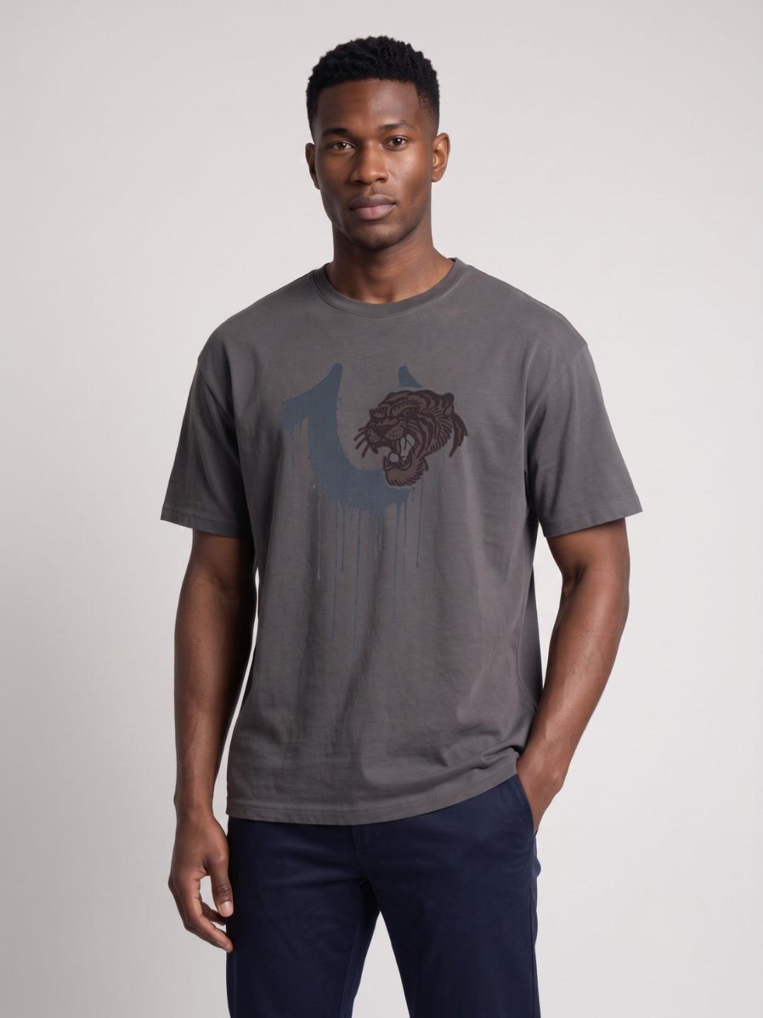 True Religion Men Dark Grey Boxy Fit Graphic Cotton T-Shirt