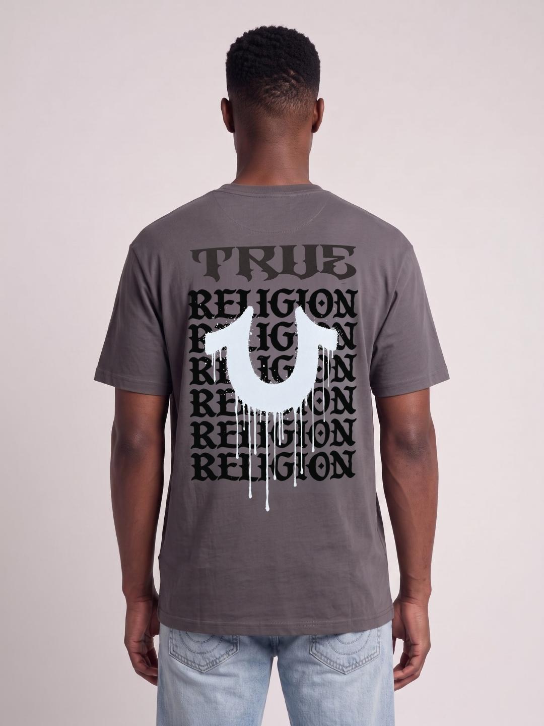True Religion Men Dark Grey Boxy Fit Graphic Cotton T-Shirt