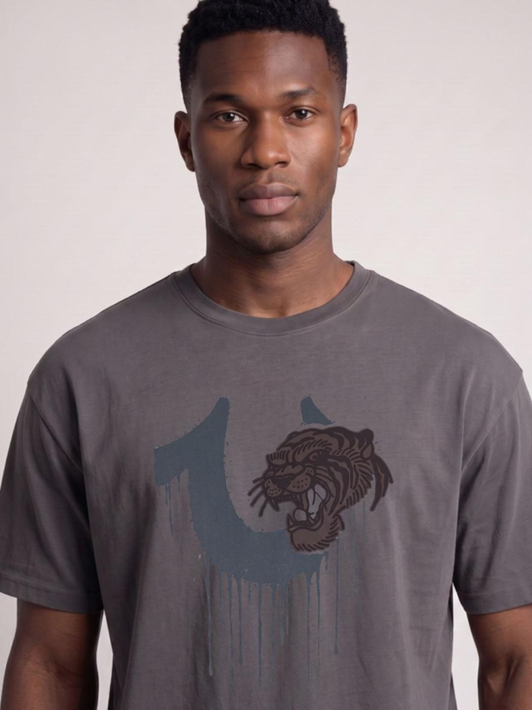 True Religion Men Dark Grey Boxy Fit Graphic Cotton T-Shirt