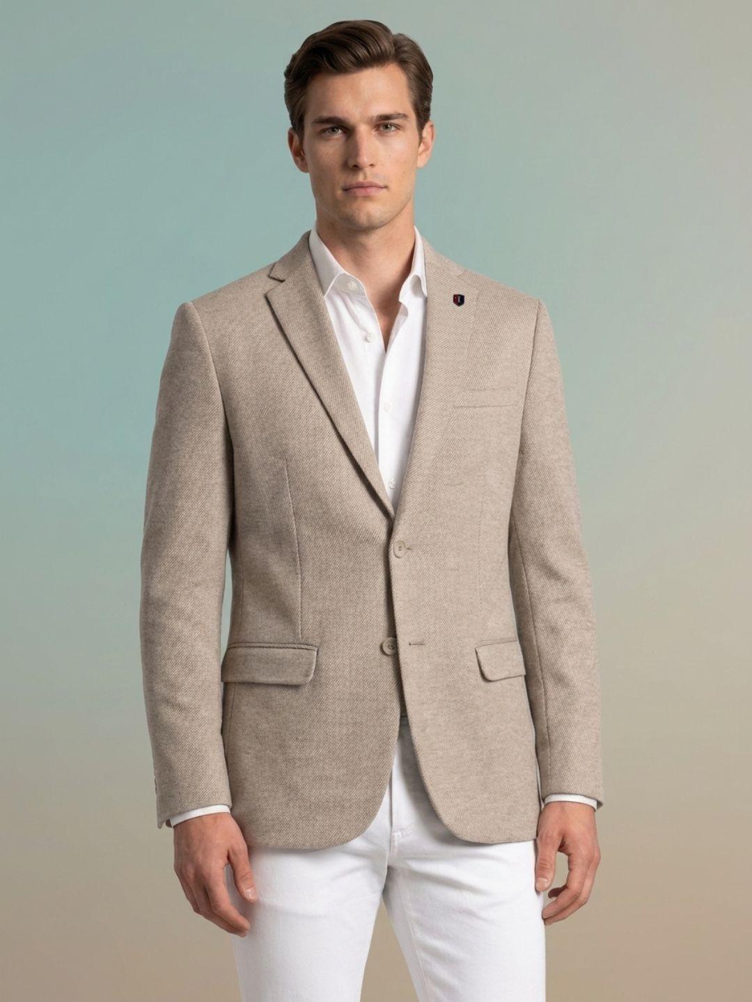 Iconic Men Beige Regular Fit Solid Blazer