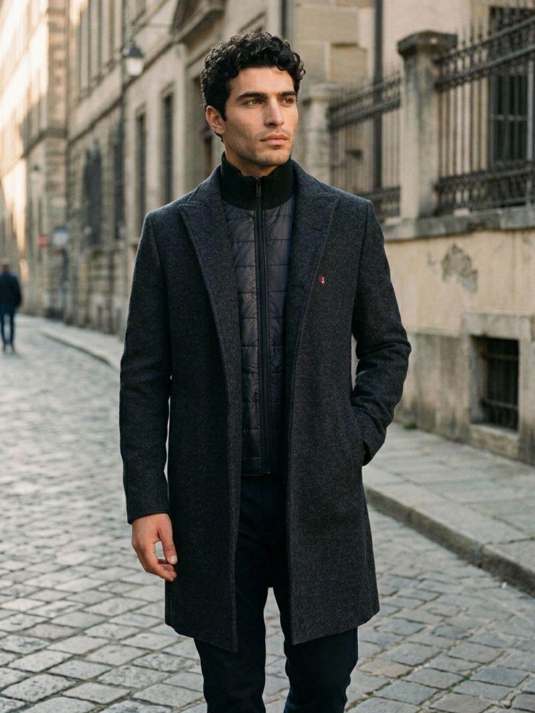 Iconic Men Black Regular Fit Solid Overcoat