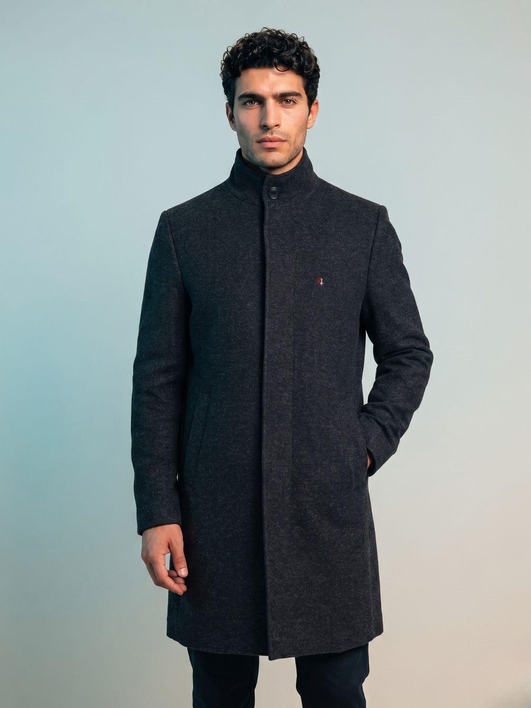 Iconic Men Black Regular Fit Solid Overcoat