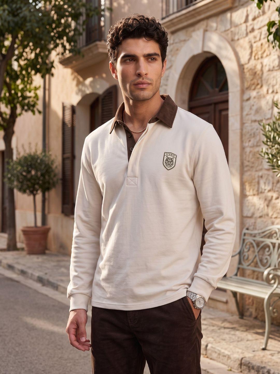 Iconic Men Beige Regular Fit Solid Polo T-Shirt
