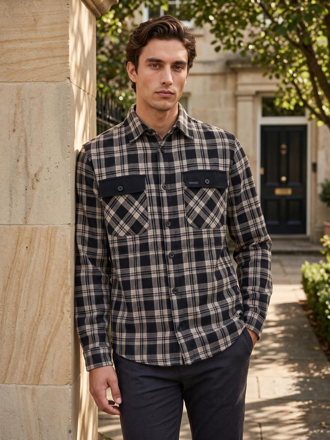 Iconic Men Black Oversized Patch Pocket Checked Shirt