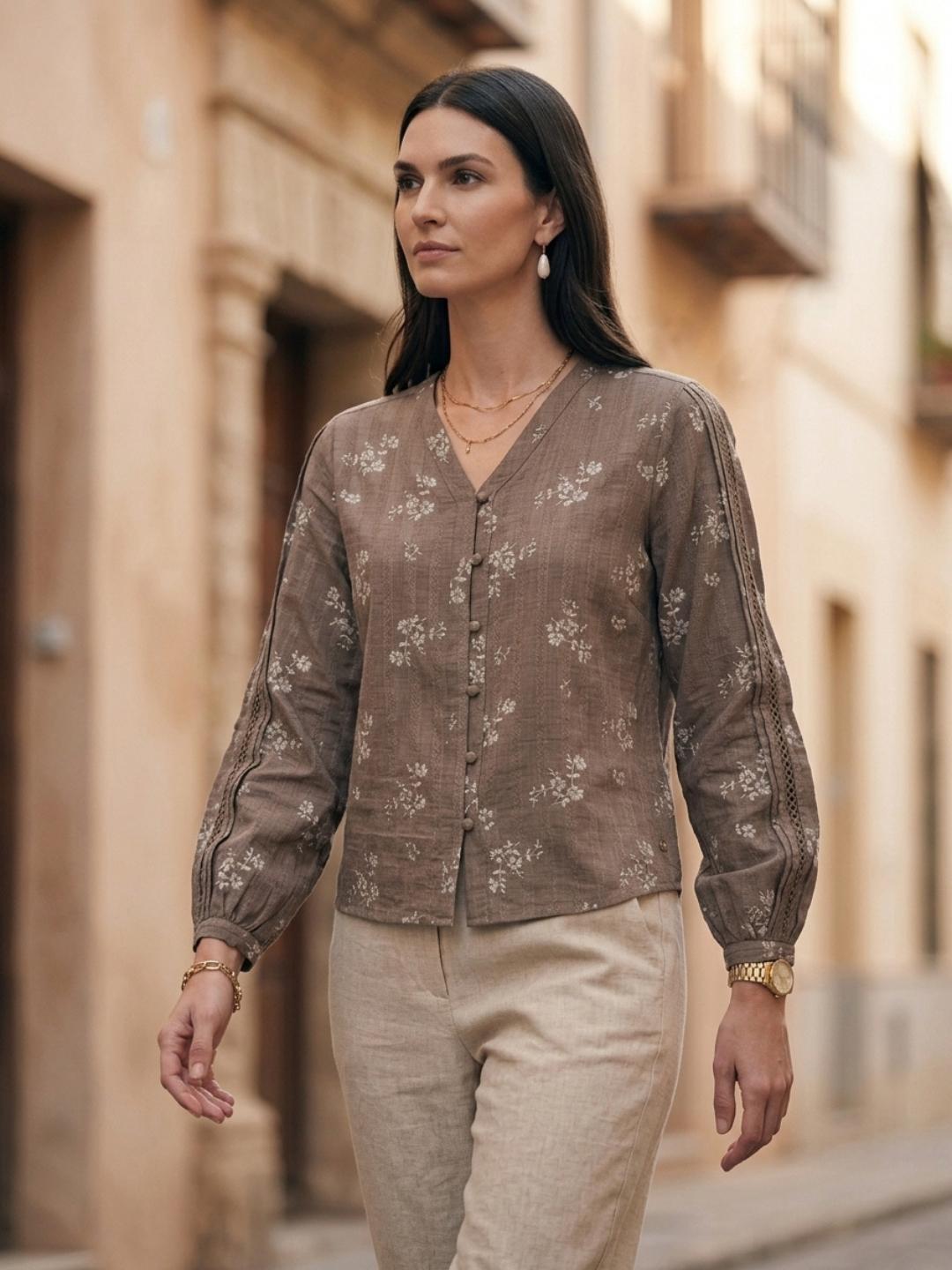 Iconic Women Brown Regular Fit Embroidered Top