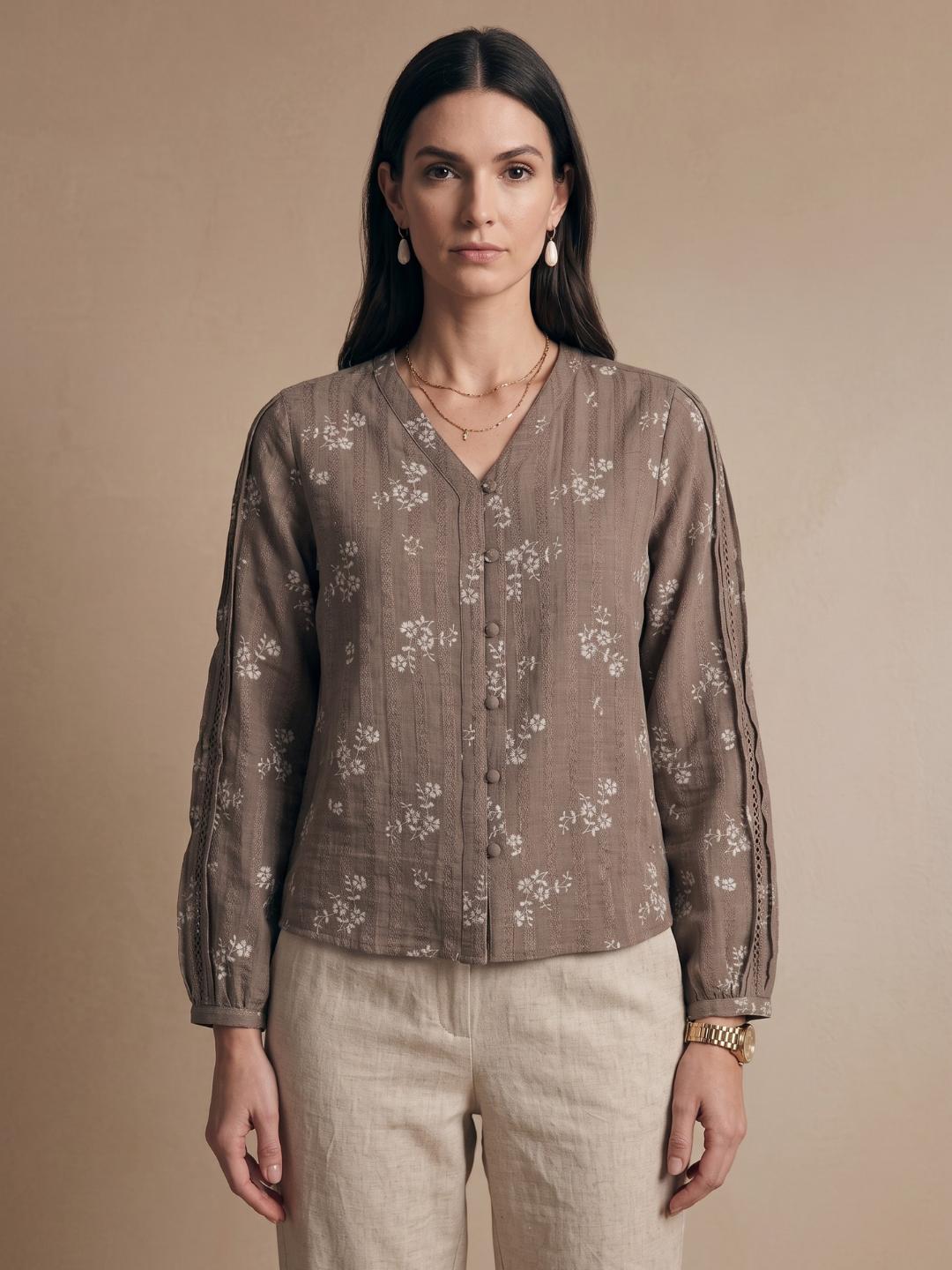 Iconic Women Brown Regular Fit Embroidered Top