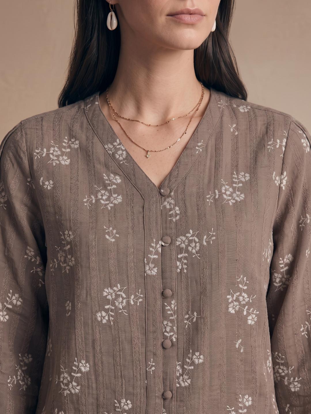 Iconic Women Brown Regular Fit Embroidered Top