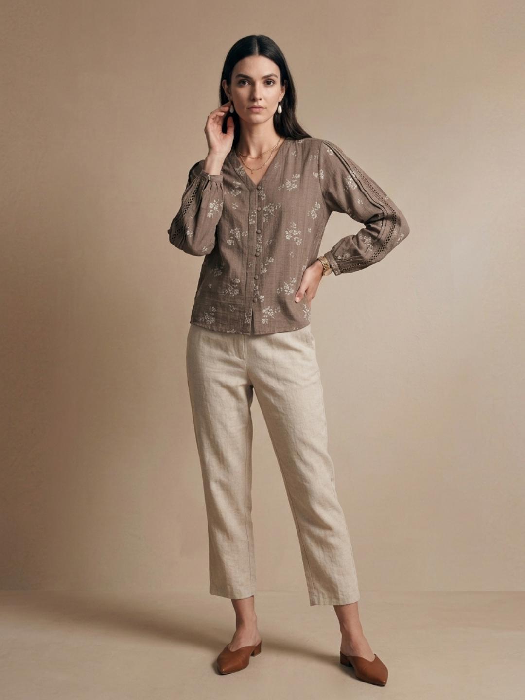 Iconic Women Brown Regular Fit Embroidered Top