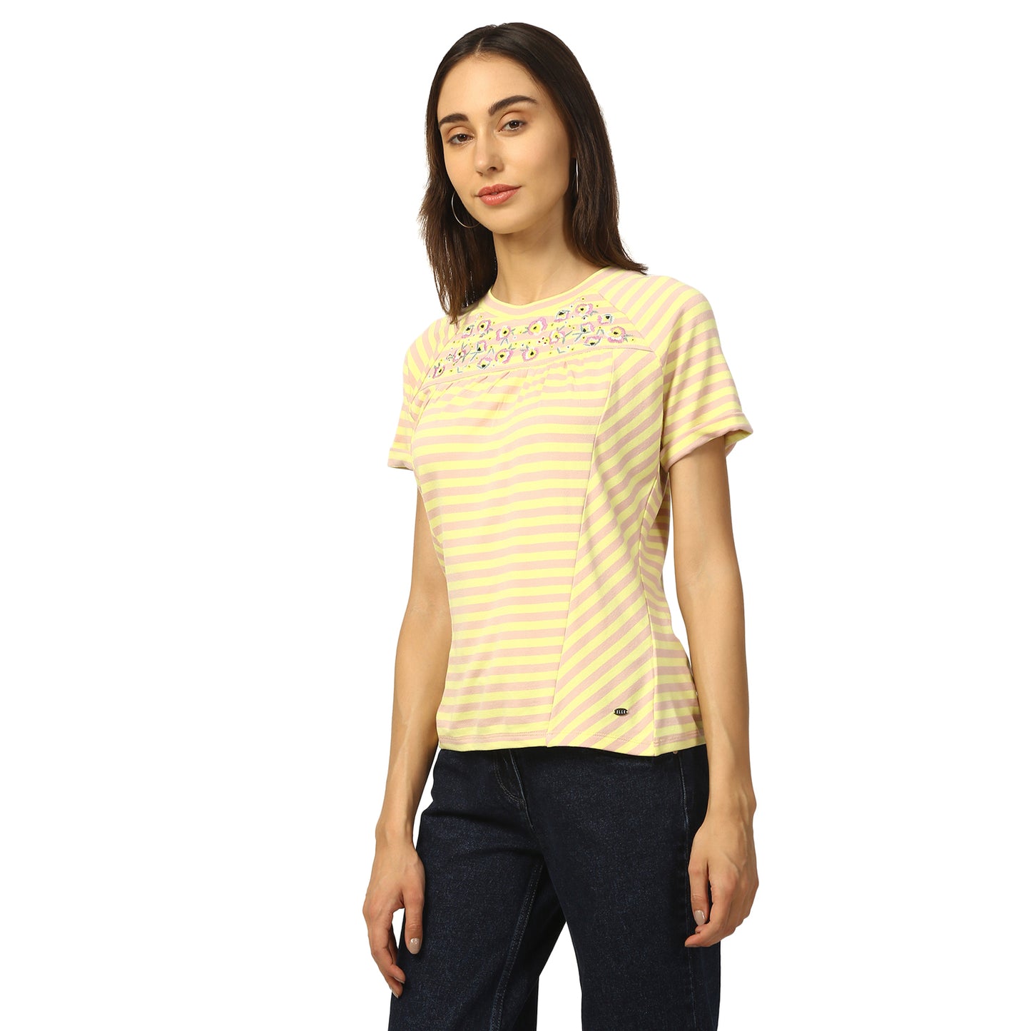 Elle Women Yellow Printed Round Neck TShirt