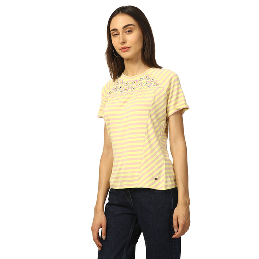 Elle Women Yellow Printed Round Neck TShirt