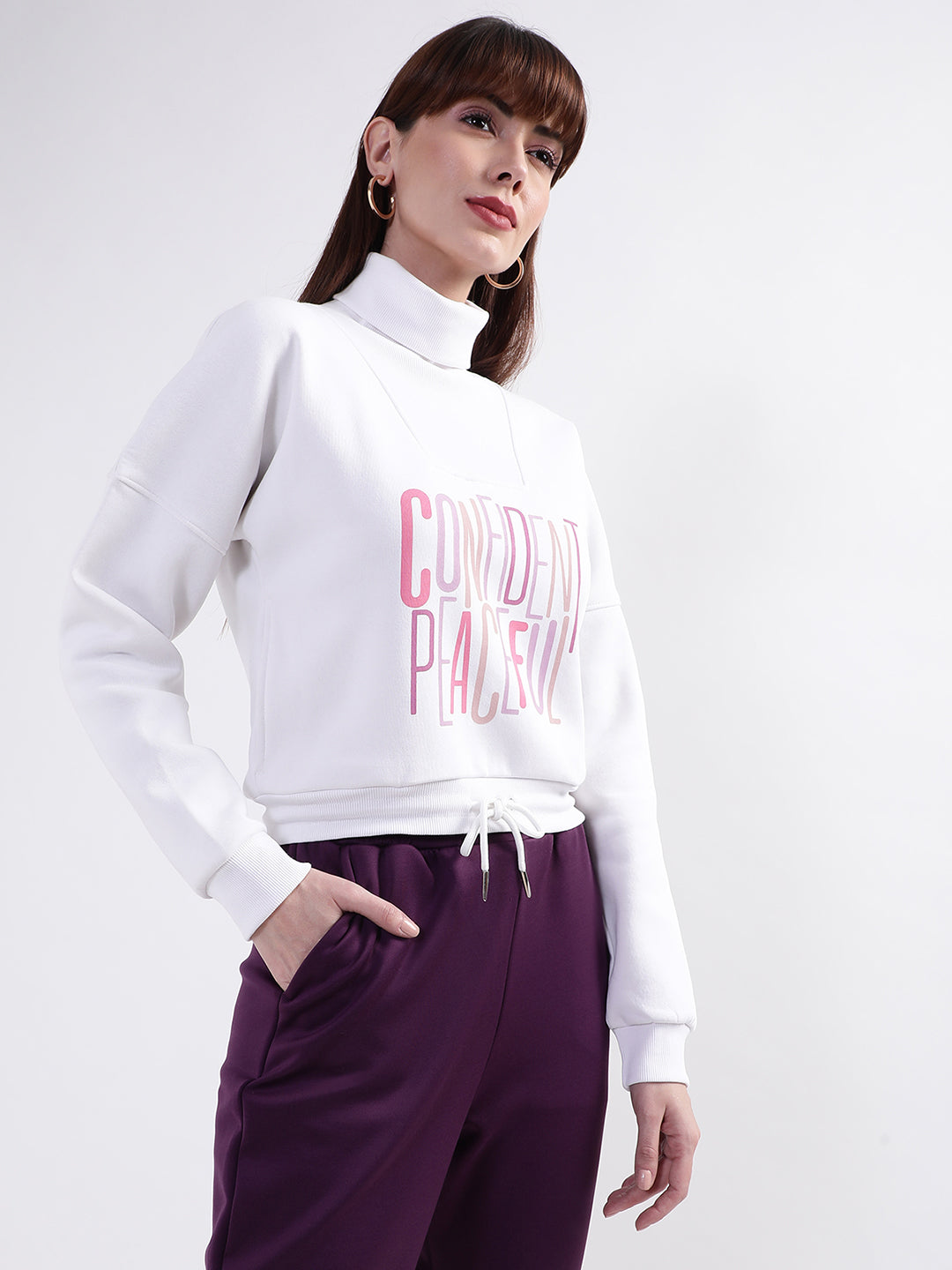 Elle Women White Solid Round Neck Sweatshirt