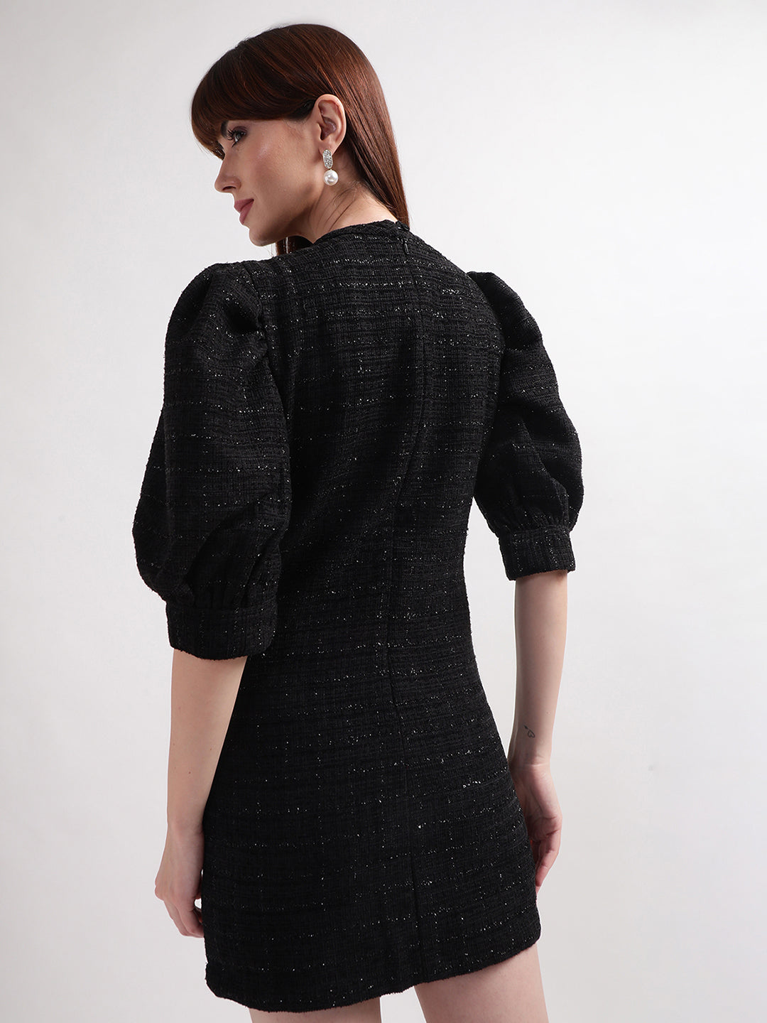 Elle Women Black Solid Band Collar Dress