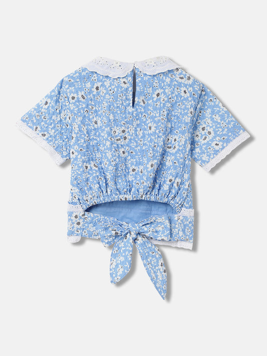 Blue Giraffe Girls Blue Printed Peter Pan Collar Short Sleeves Top