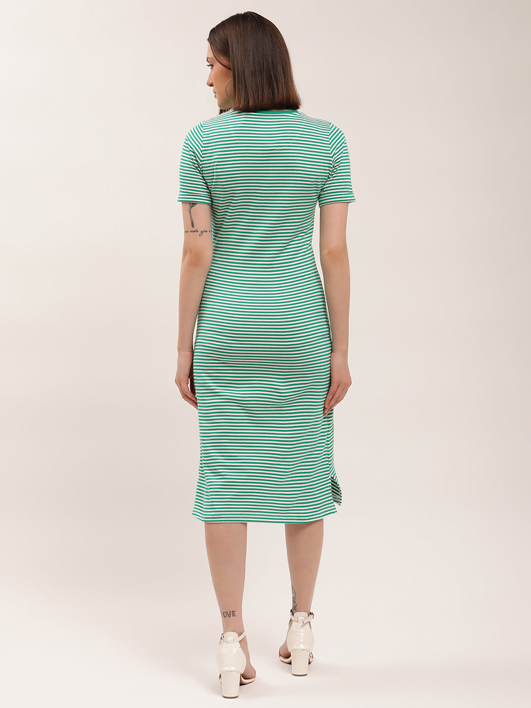 Elle Women Green Striped Round Neck Dress
