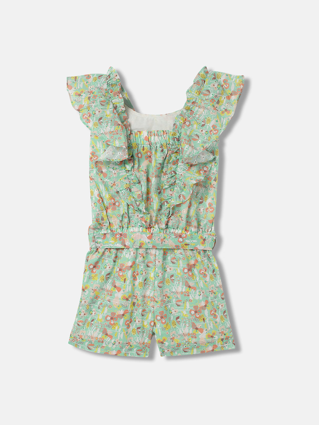 Elle Kids Girls Green Printed Round Neck Sleeveless Playsuit