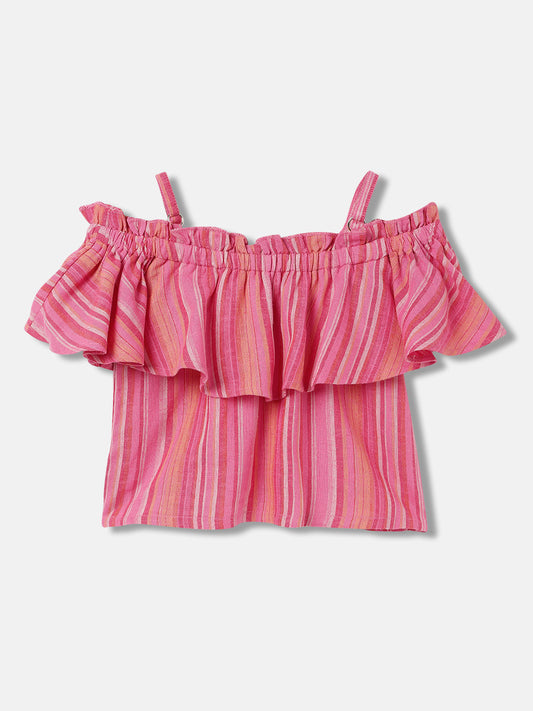 Elle Kids Girls Pink Striped Off Shoulder Sleeveless Top