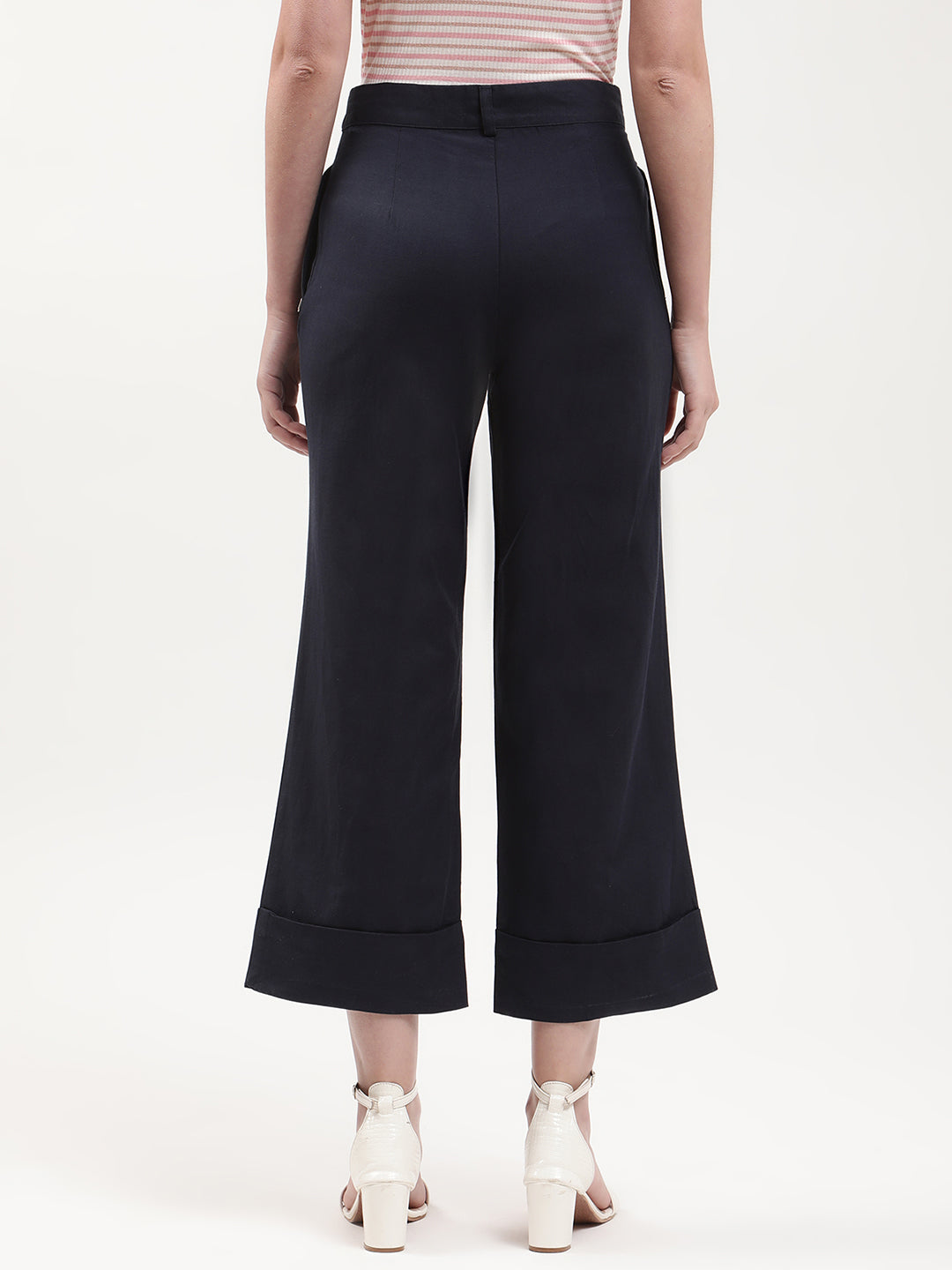 Elle Women Navy Blue Solid Fitted Trouser