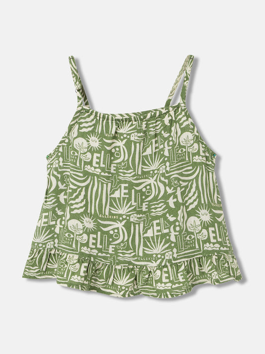 Elle Kids Girls Green Printed Shoulder Straps Sleeveless Top