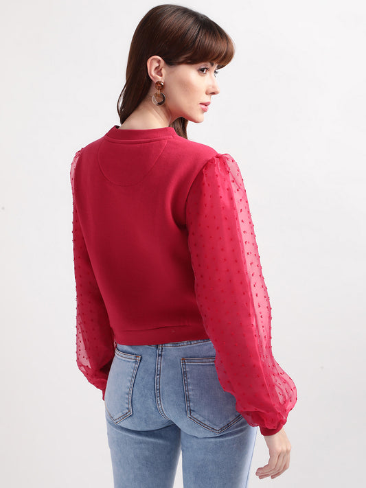 Elle Women Red Solid Round Neck Sweatshirt