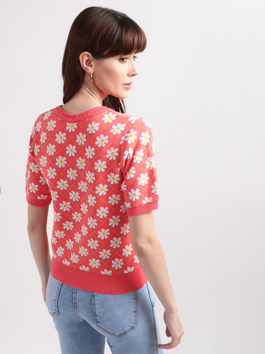 Elle Women Peach Self-Design Round Neck Top