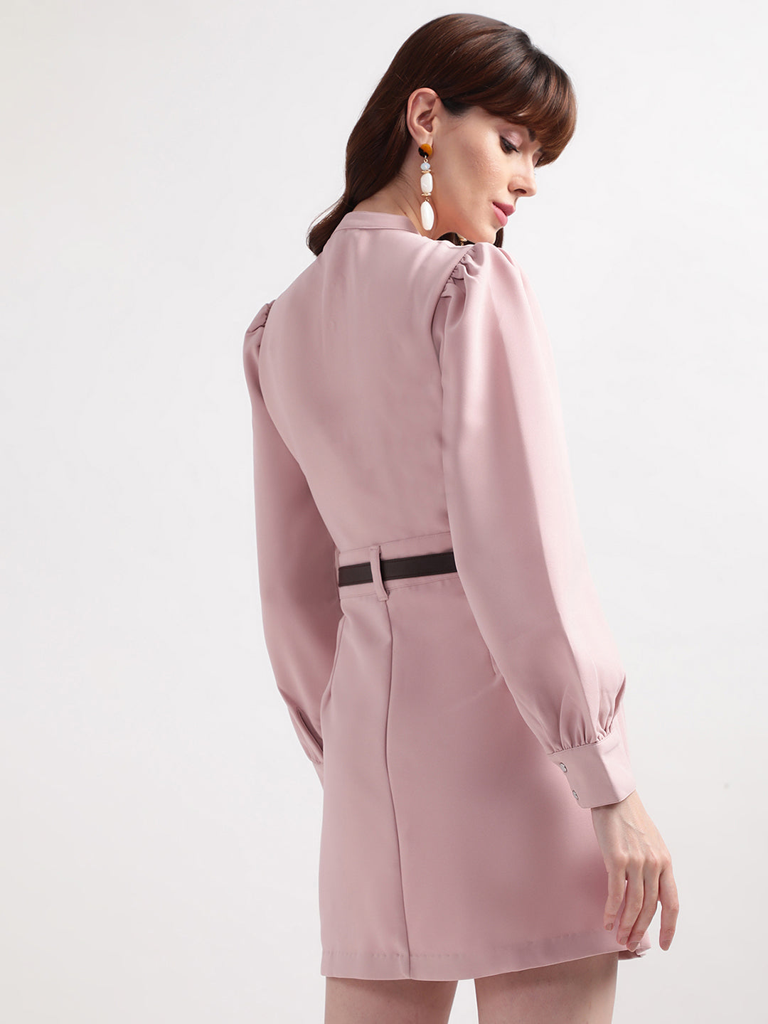 Centre Stage Women Pink Solid Band Collar Dress