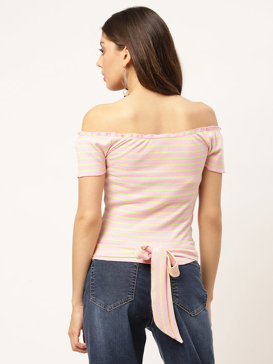 Elle Women Pink Striped Off Shoulder TShirt