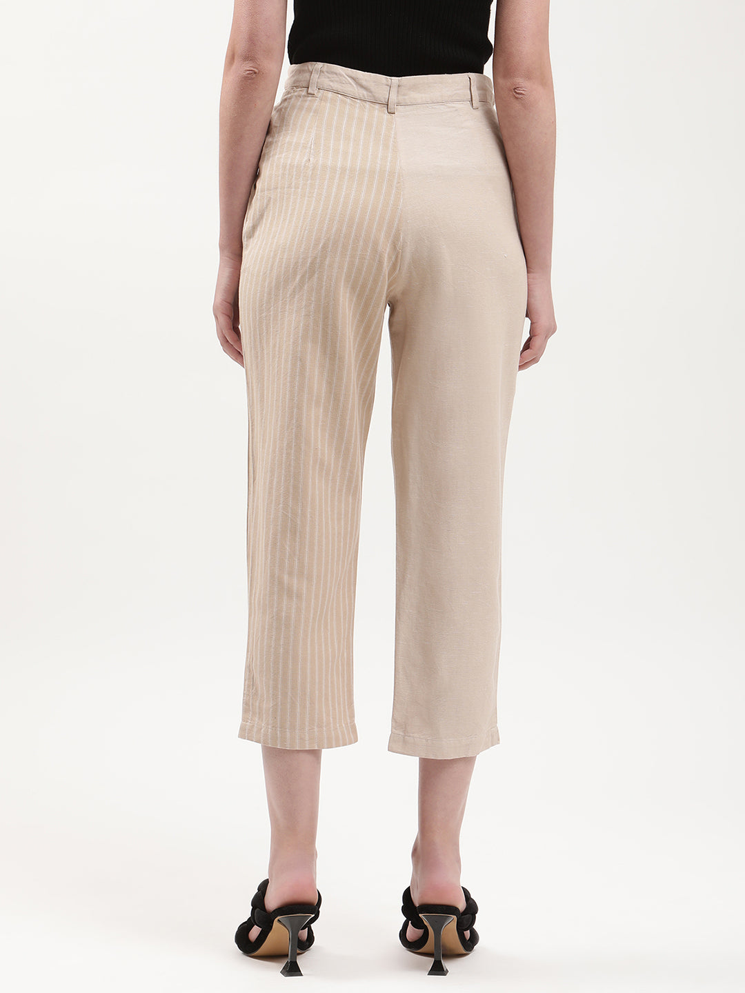 Elle Women Beige Striped Relaxed Fit Trouser