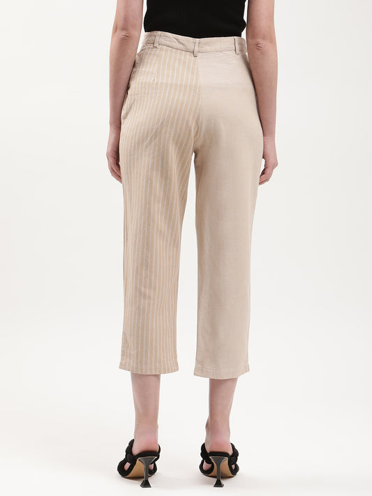 Elle Women Beige Striped Relaxed Fit Trouser