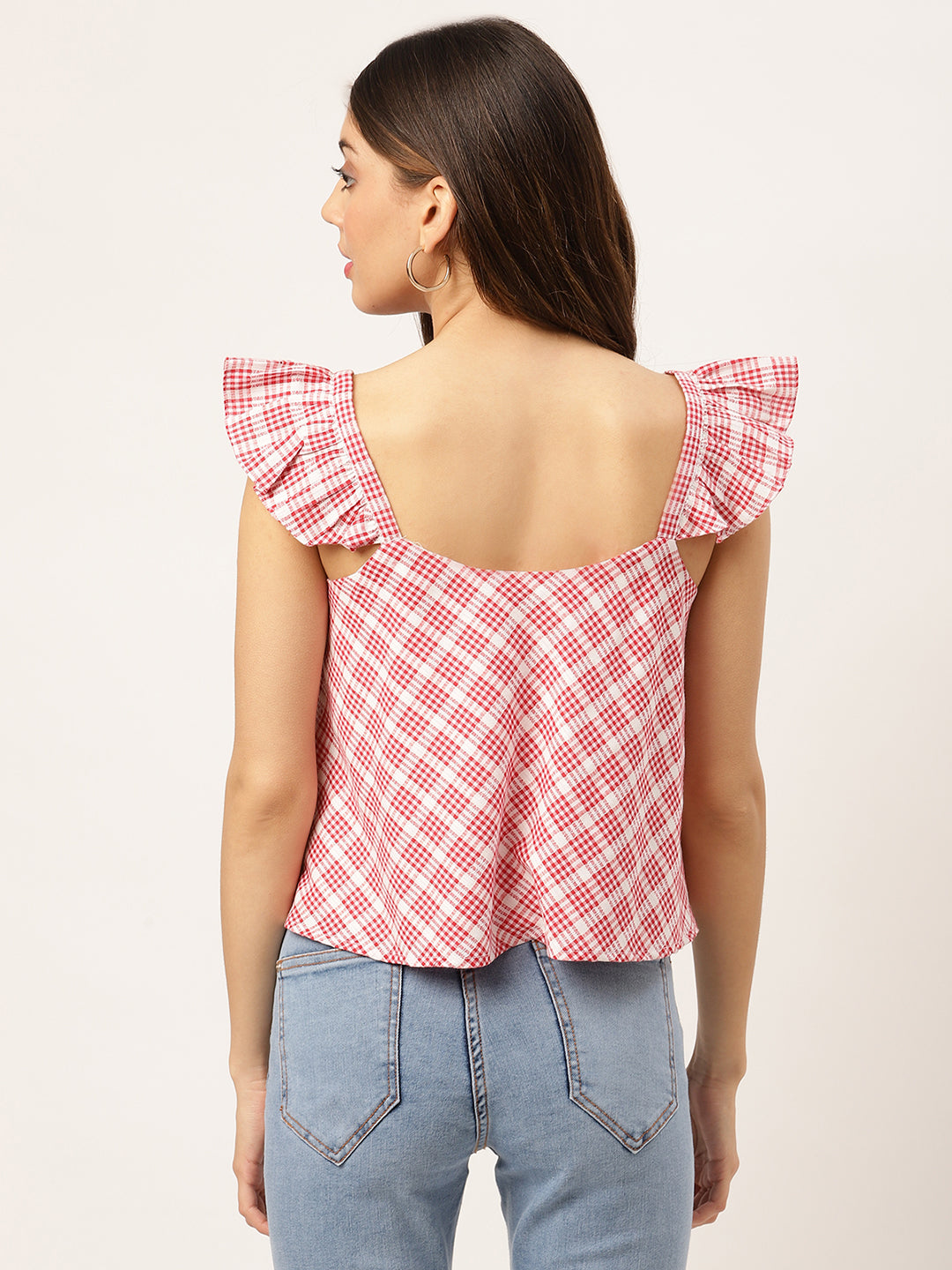 Elle Women Red Checked V Neck Top