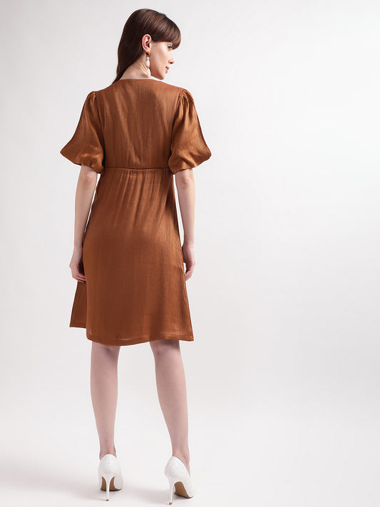Centre Stage Women Brown Solid V Neck Dress