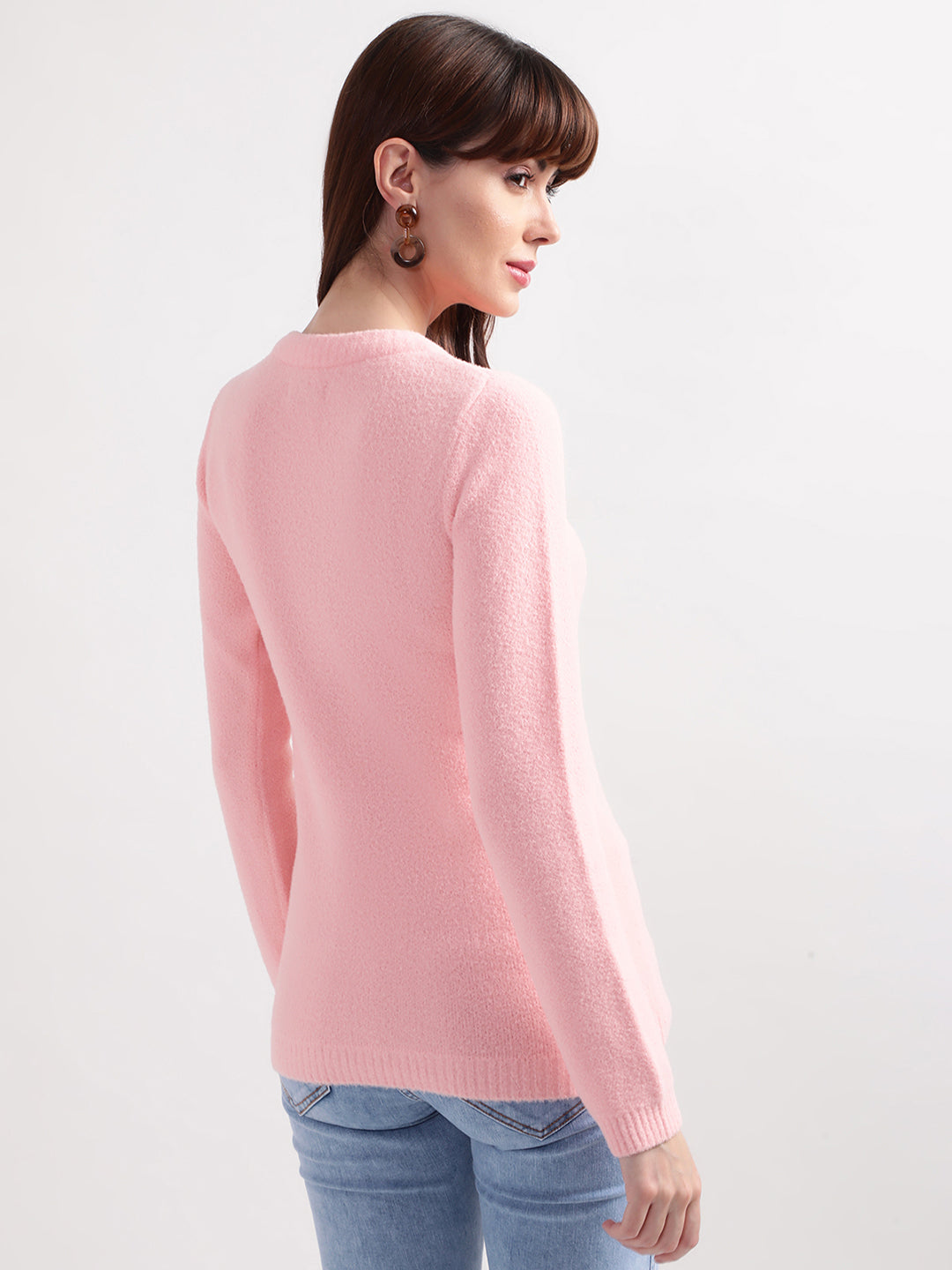 Elle Women Pink Solid Round Neck Sweater
