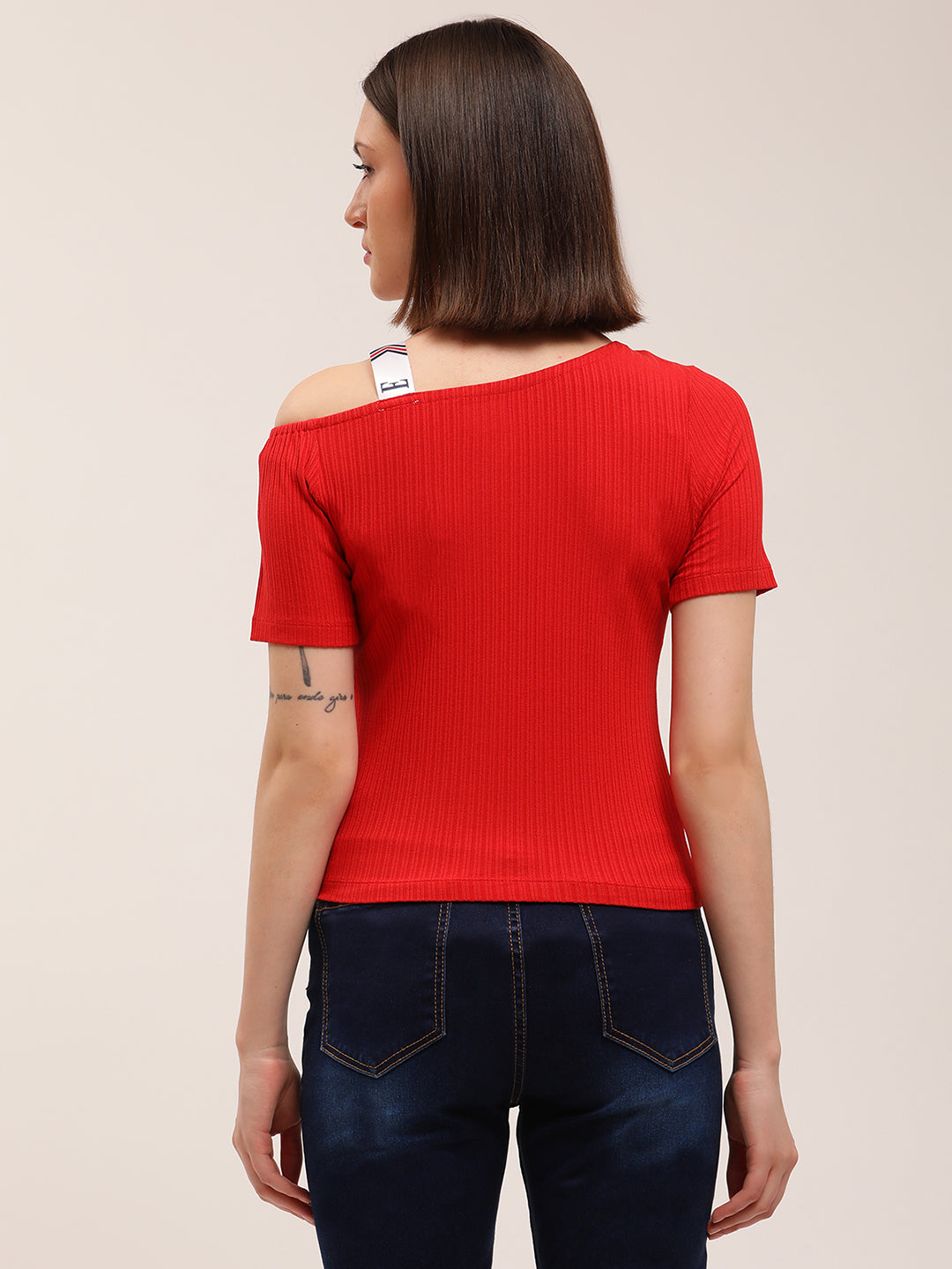 Elle Women Red Solid Assymetrical Neck TShirt