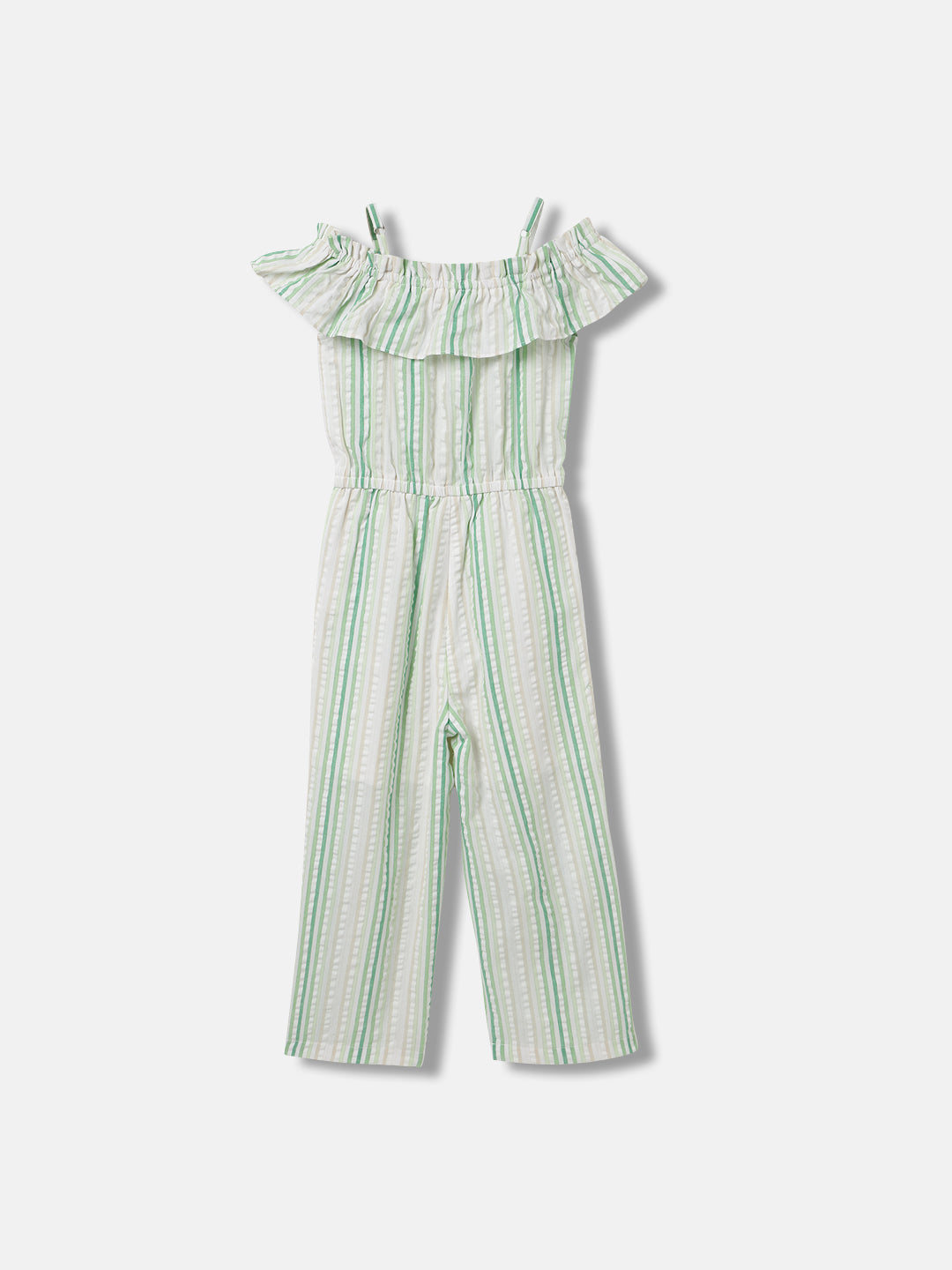 Elle Kids Girls Green Striped Square Neck Shoulder Straps Jumpsuit